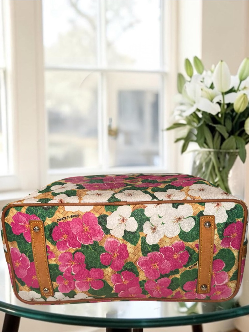 Dooney & Bourke Floral Pink, White, and Green Large Shopper Tote Bag EUC - Picture 4 of 16